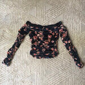 Free People Size S Ruched Floral Long Sleeve Velvet Top